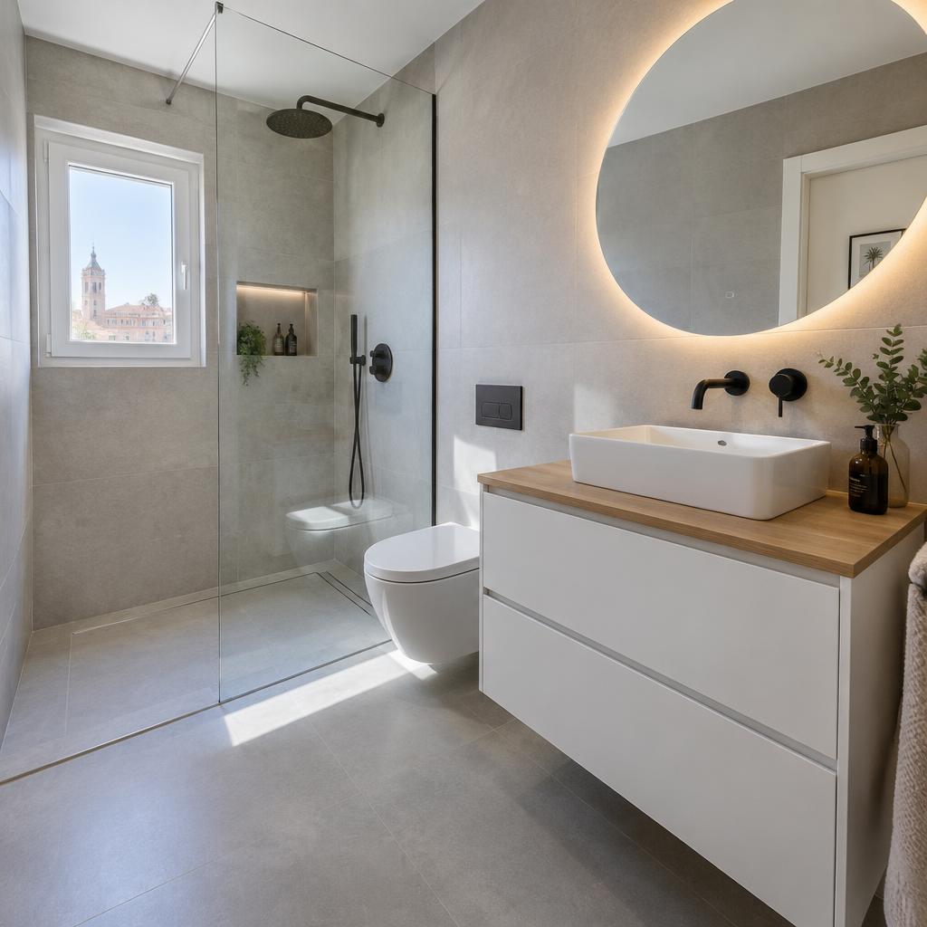 Ilustración de diseño: Baño con ducha acristalada y espejo circular