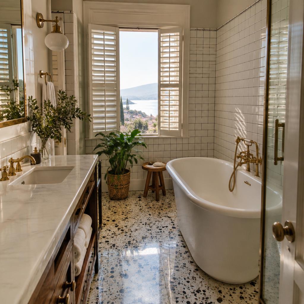 Ilustración de diseño: Baño con bañera exenta y persianas de madera