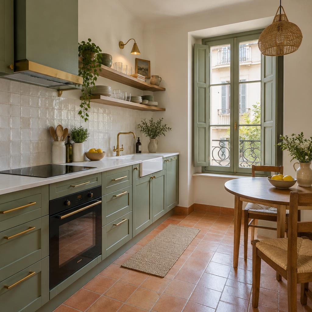 Ilustración de diseño: Cocina verde con encimera clara y ventana alta