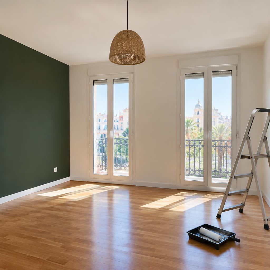 Ilustración de diseño: Pintura de pared verde en una estancia luminosa