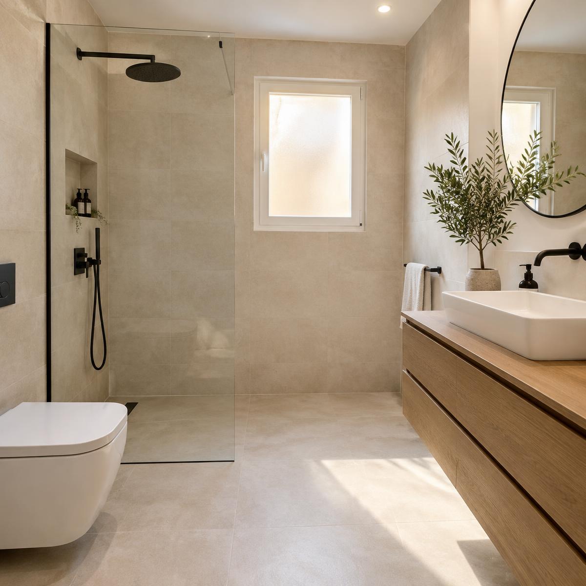 Ilustración de diseño: Baño con ducha abierta y revestimiento claro