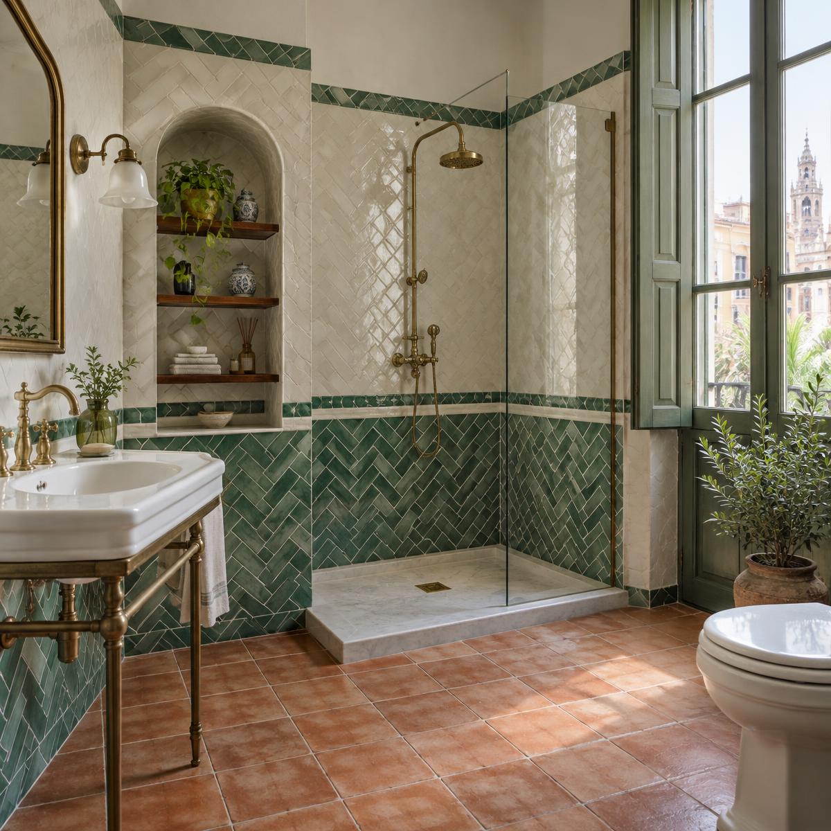 Ilustración de diseño: Baño con azulejos verdes y bañera exenta