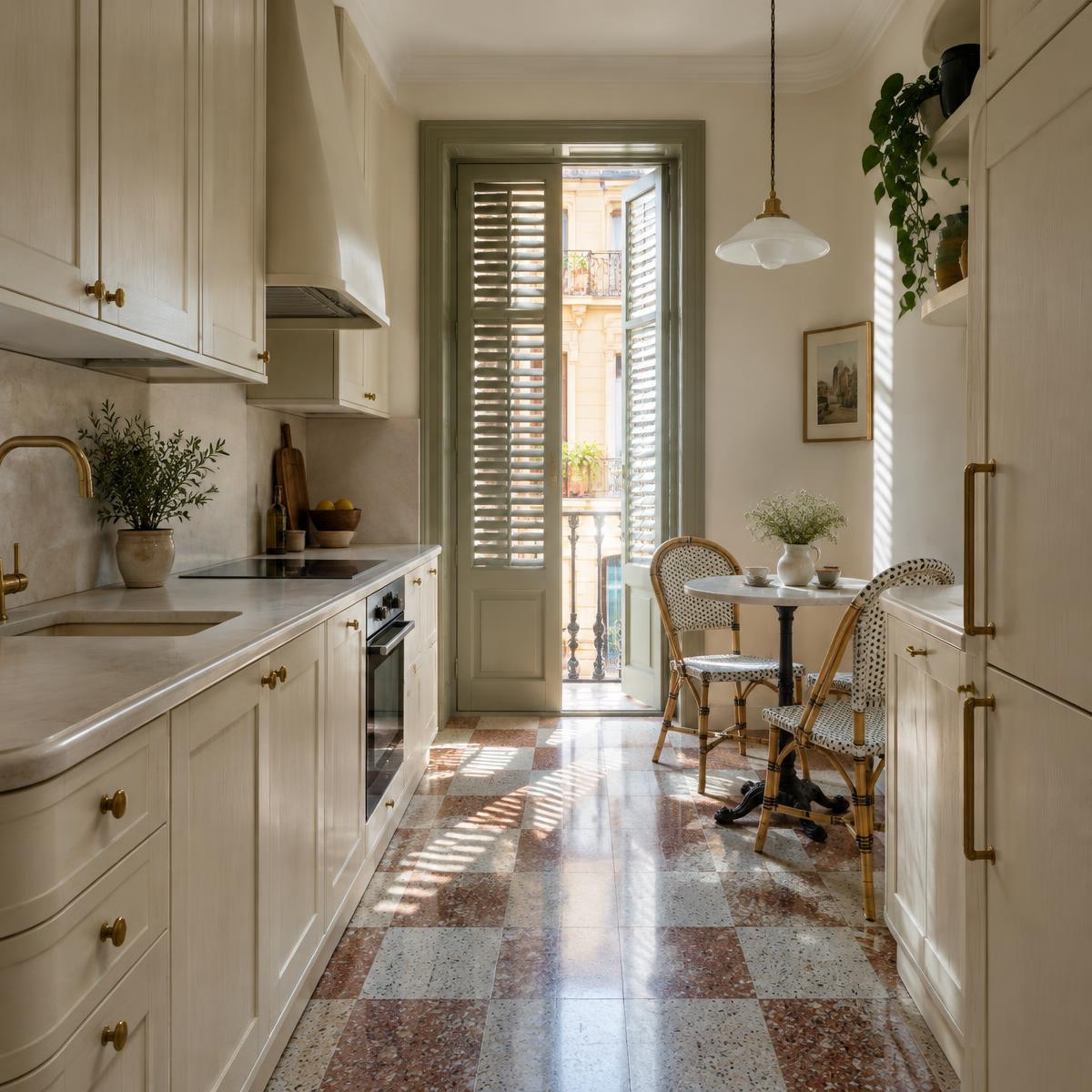 Ilustración de diseño: Cocina de tonos claros con suelo decorativo