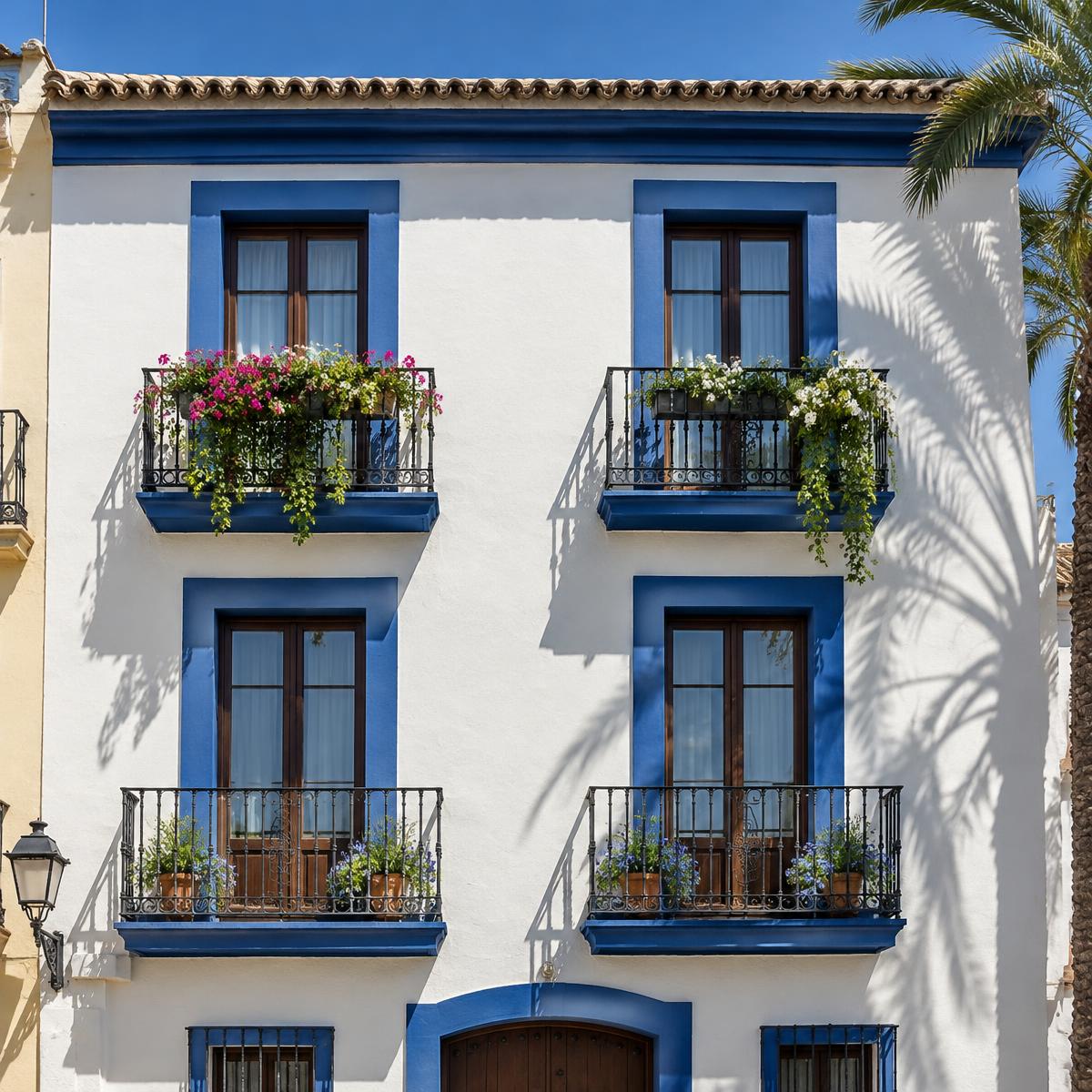 Ilustración de diseño: Fachada blanca con balcones y marcos azules