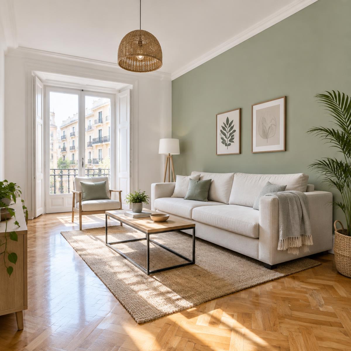 Ilustración de diseño: Salón con pared verde y suelo de madera