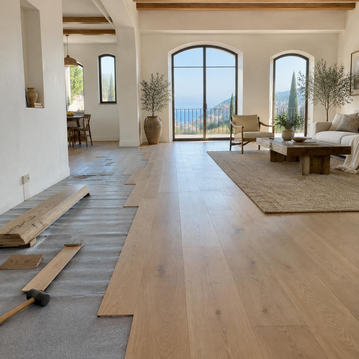 Ilustración de diseño: Instalación de suelo de madera en una estancia